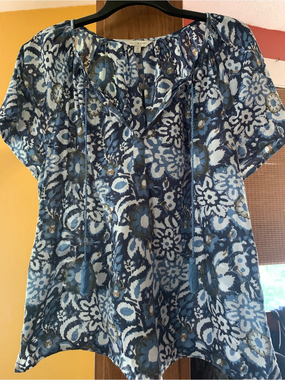 Lucky Brand Blue Multi Floral Tie-Front Peasant Blouse